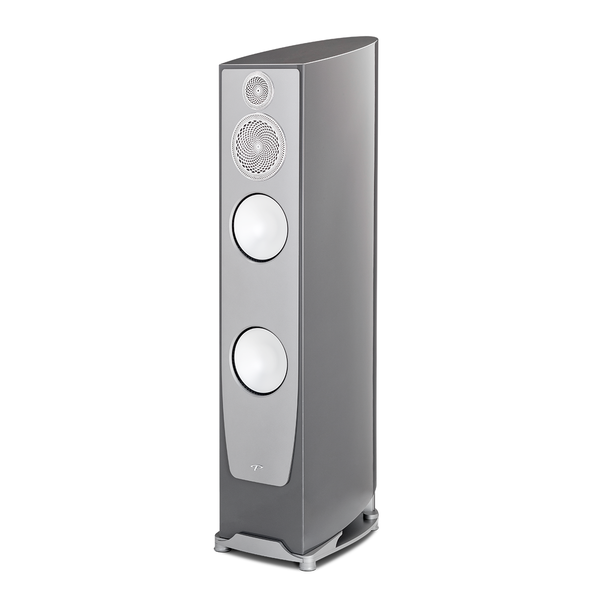 Caixa acústica de torre Persona 7F da Paradigm em acabamento prateado, vista frontal em três quartos.