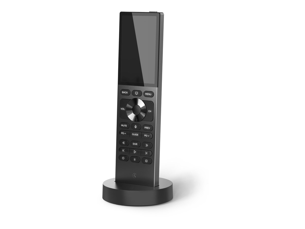 Controle remoto Control4 Halo Touch preto sobre a base de carga