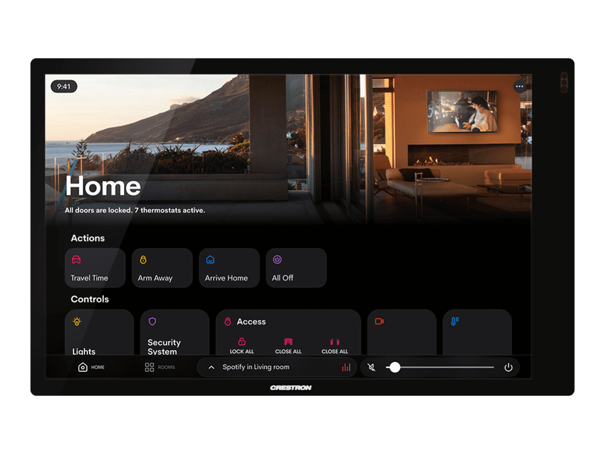 Touch screen de parede Crestron TSW-1070 com a tela do Crestron Home mostrando cenas, iluminação, acessos e climatização