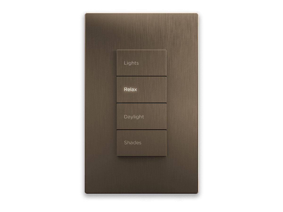 Keypad de parede Savant Ascend em bronze com teclas Lights, Relax, Daylight e Shades