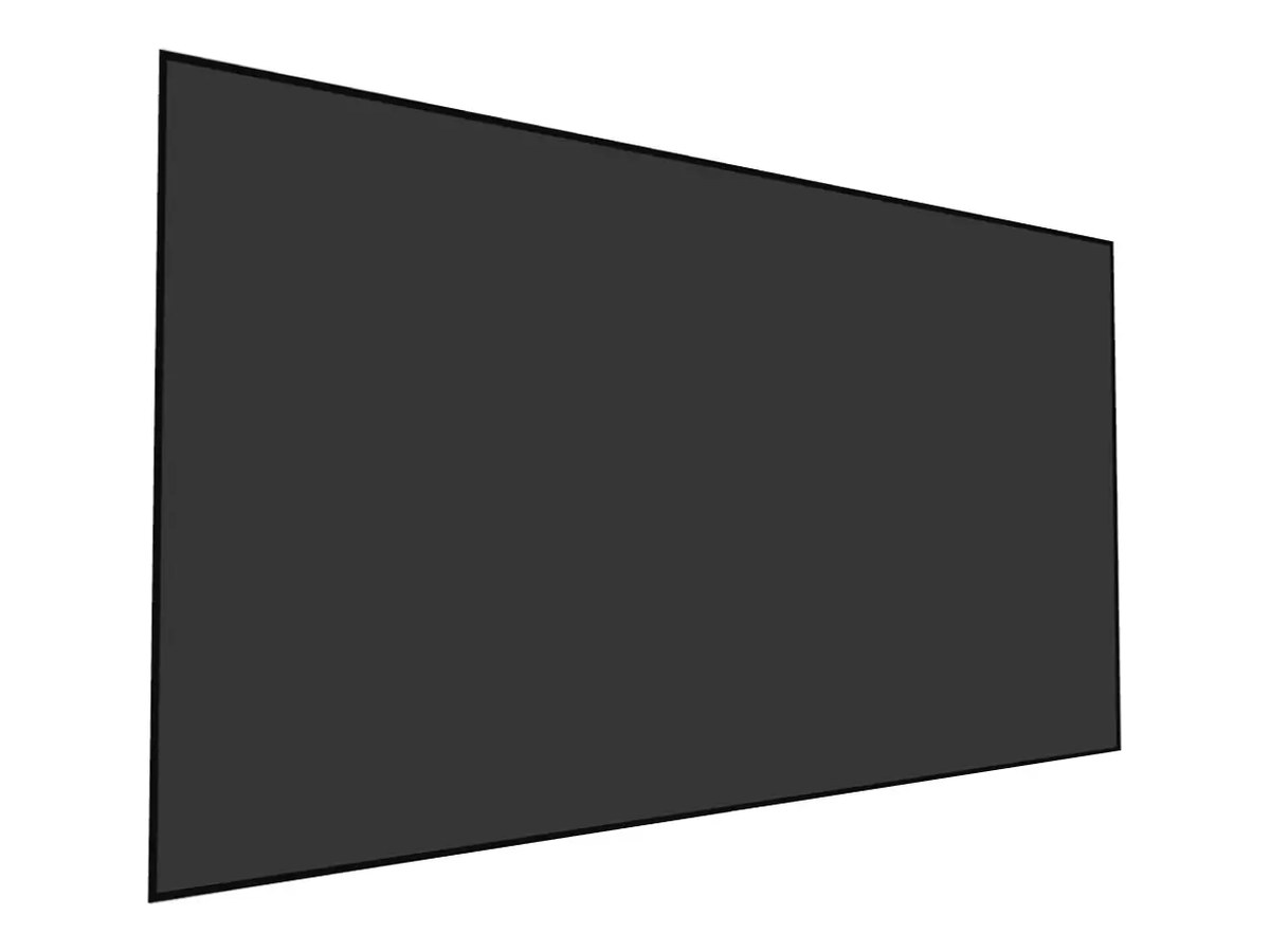 Tela de projeção Screen Innovations Zero Edge em perspectiva, superfície cinza-escura com moldura preta fina, sobre fundo branco
