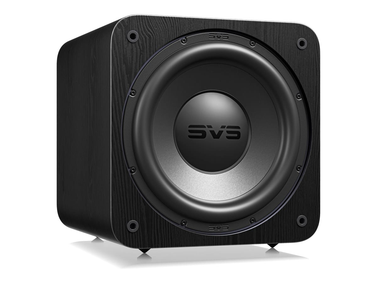 Subwoofer SVS SB-3000 R|Evolution em acabamento black ash, em perspectiva de três quartos, com a grelha removida mostrando o alto-falante frontal