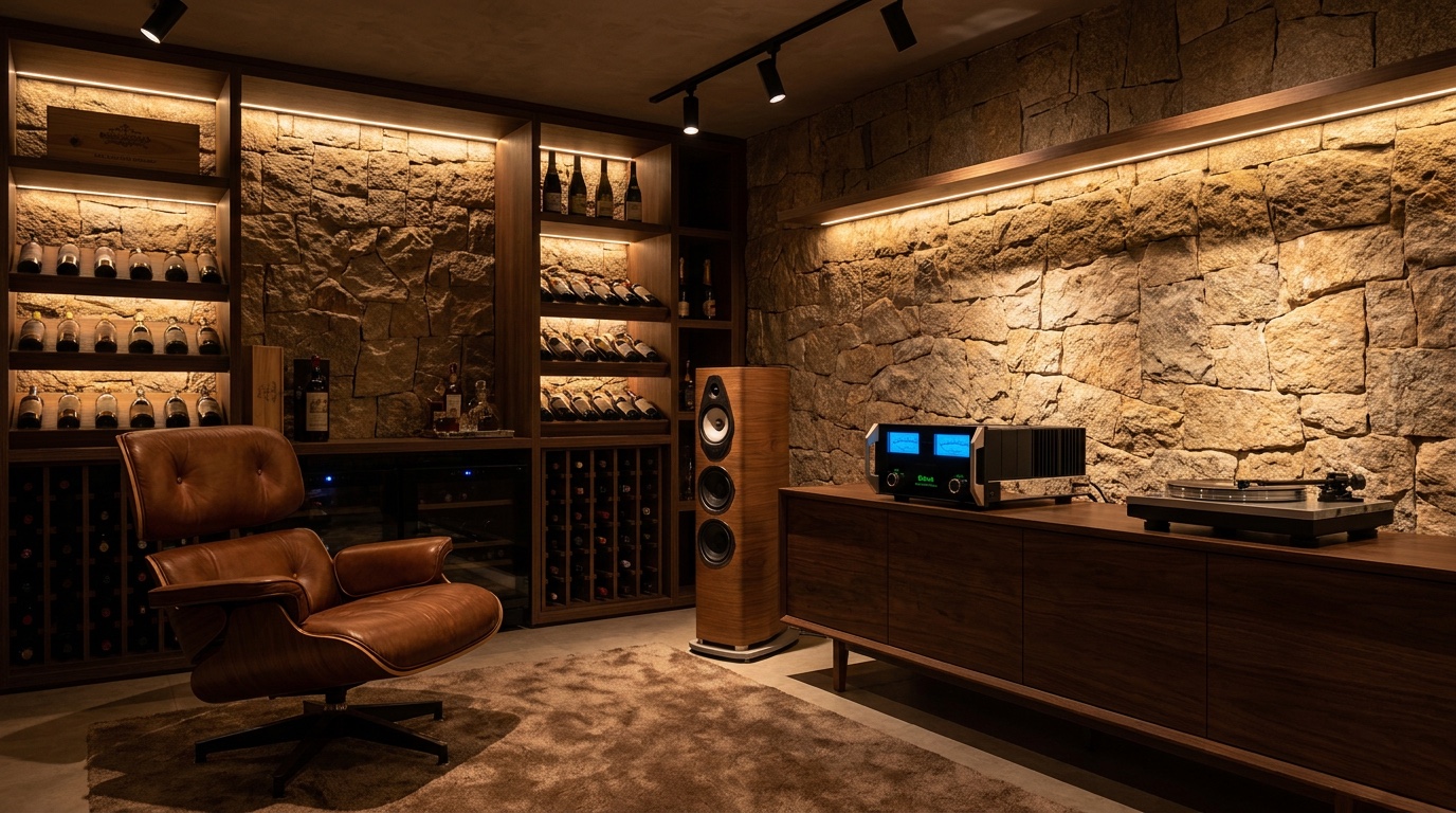 Adega climatizada e lounge de escuta em apartamento na Vila Nova Conceição, com parede de pedra, caixa de coluna em madeira, amplificação e toca-discos