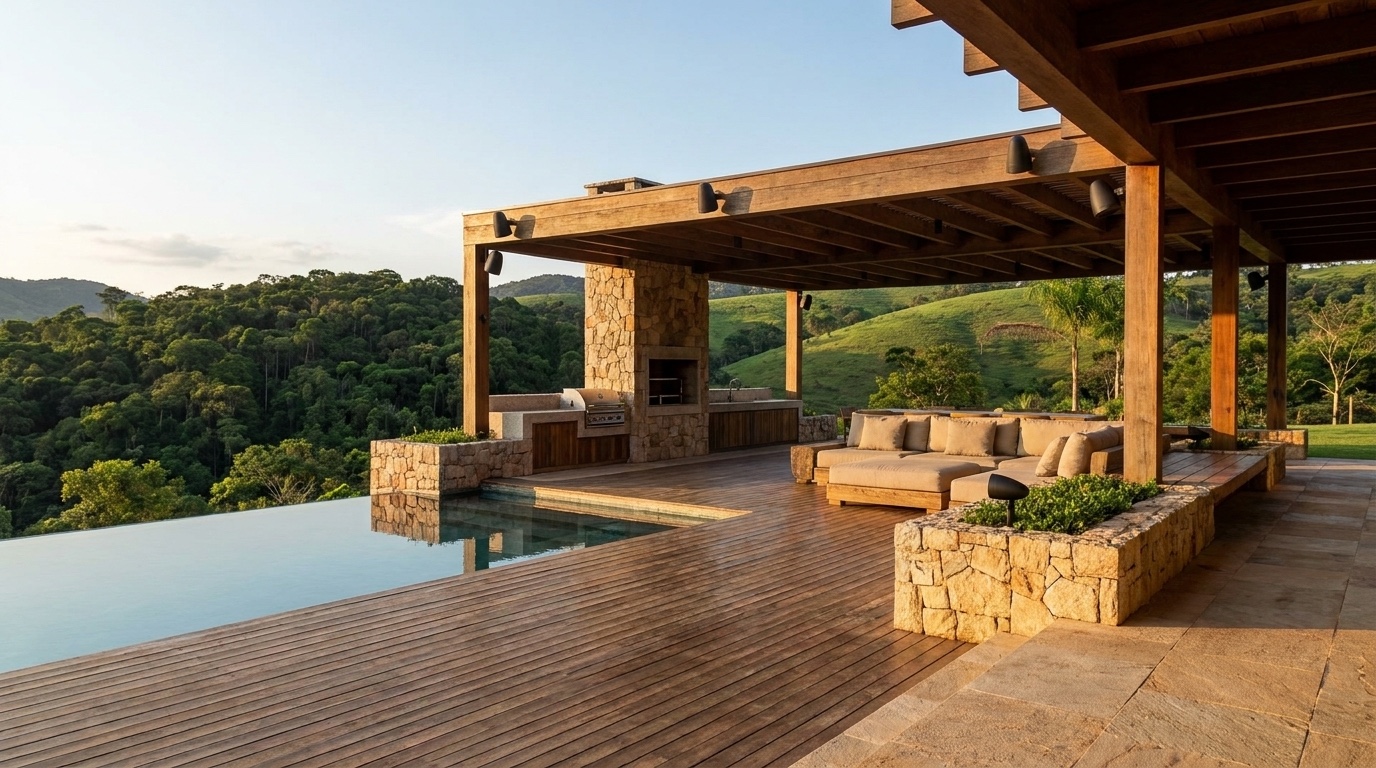 Varanda gourmet com piscina de borda infinita em casa de campo no interior de São Paulo, com caixas acústicas para área externa integradas ao pergolado de madeira