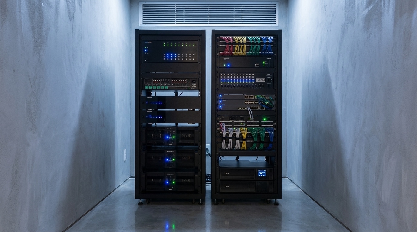 Central técnica com dois racks de automação e distribuição de áudio e vídeo, com cabeamento identificado por cores, amplificação, matriz de vídeo e nobreak