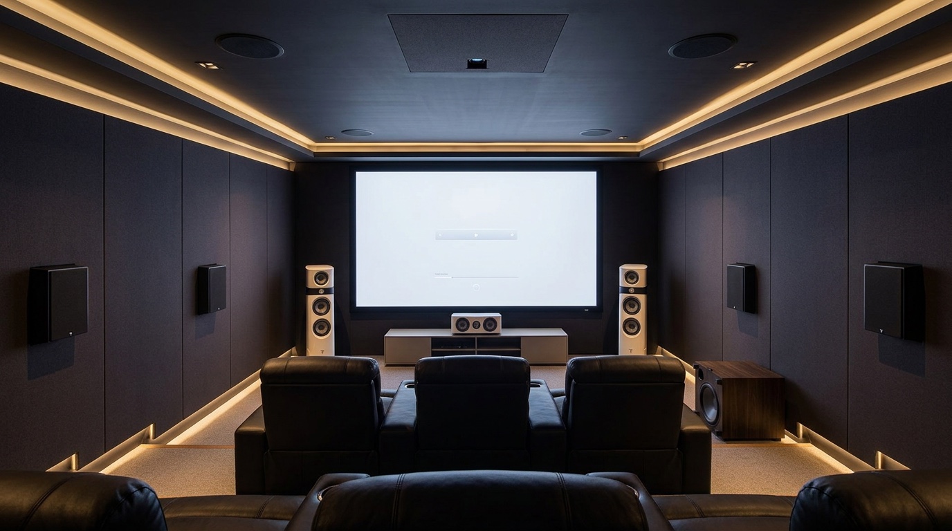 Sala de cinema dedicada com tratamento acústico, layout Dolby Atmos com caixas de teto e surrounds, projetor embutido no forro e poltronas de couro