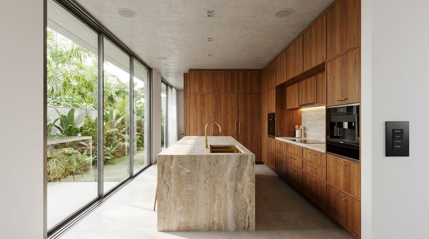 Cozinha gourmet com marcenaria em madeira, ilha em pedra, alto-falantes embutidos no forro e keypad de cena na parede