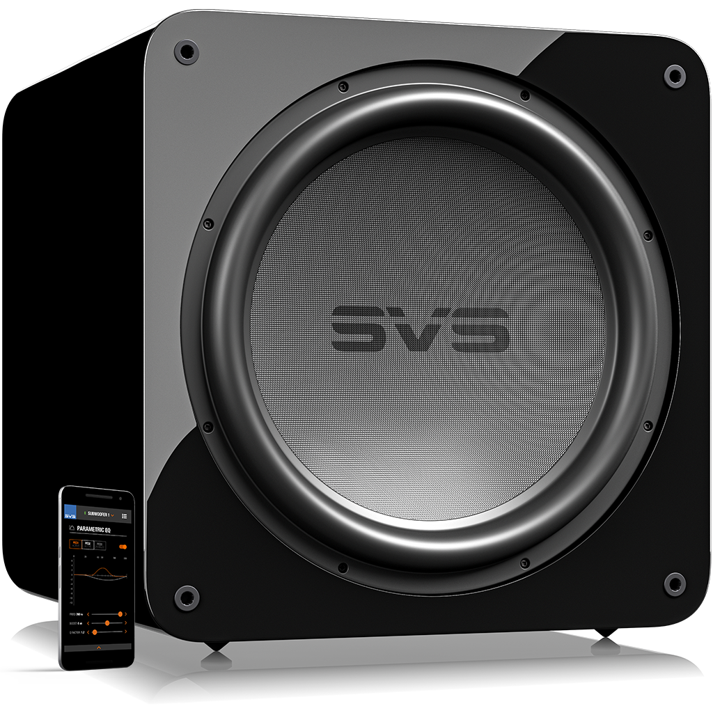 Subwoofer SVS SB17-Ultra R|Evolution em Piano Gloss Black, sem grade, selado, com alto-falante de 17 polegadas.