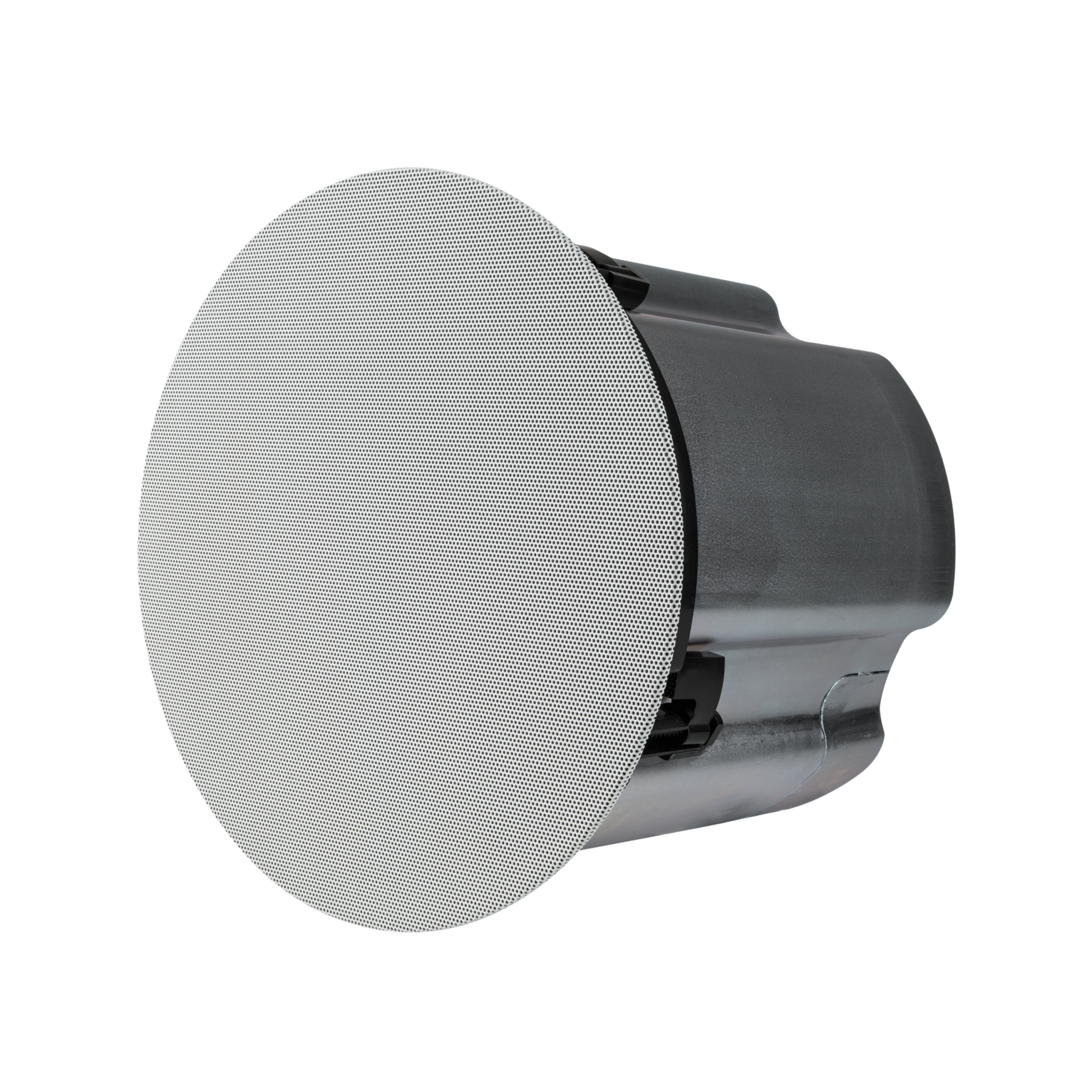 Woofer de embutir Sonance PS-C83RWT visto de frente com a grelha redonda instalada.