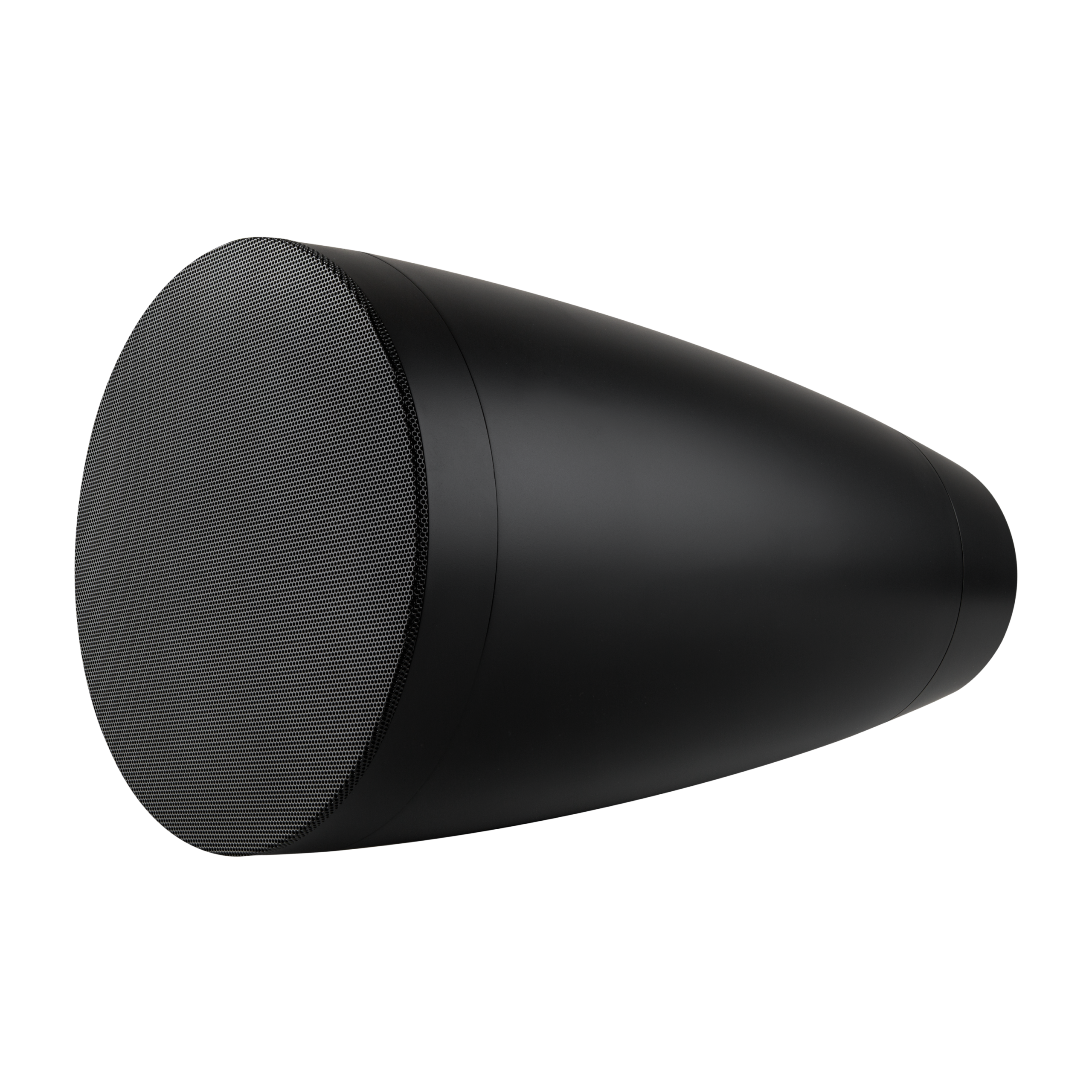 Alto-falante pendente Sonance PS-P63T preto, visto em ângulo de 45 graus com a grelha instalada.