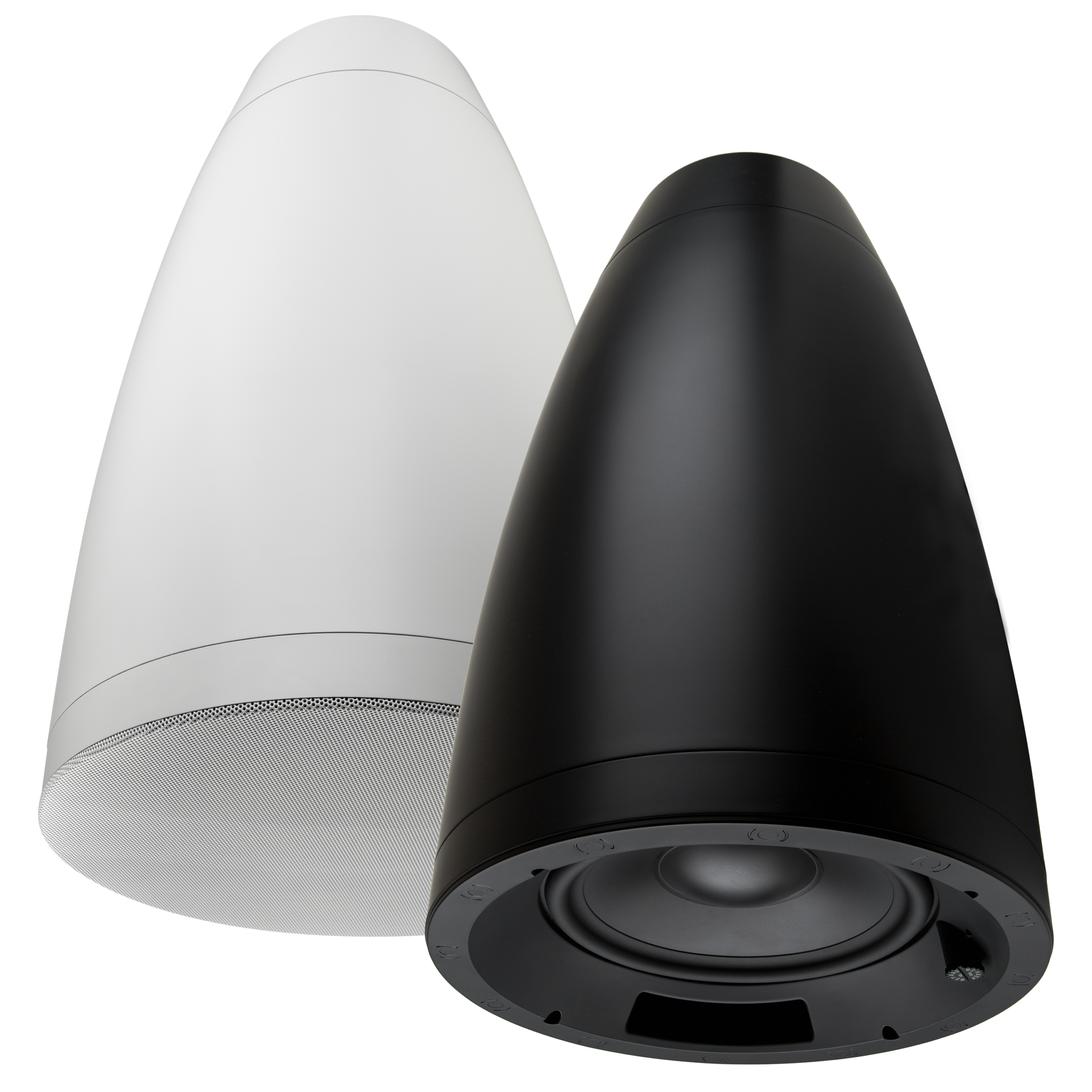 Woofers pendentes Sonance PS-P83WT: uma unidade branca com grelha e uma preta sem grelha, mostrando o transdutor.