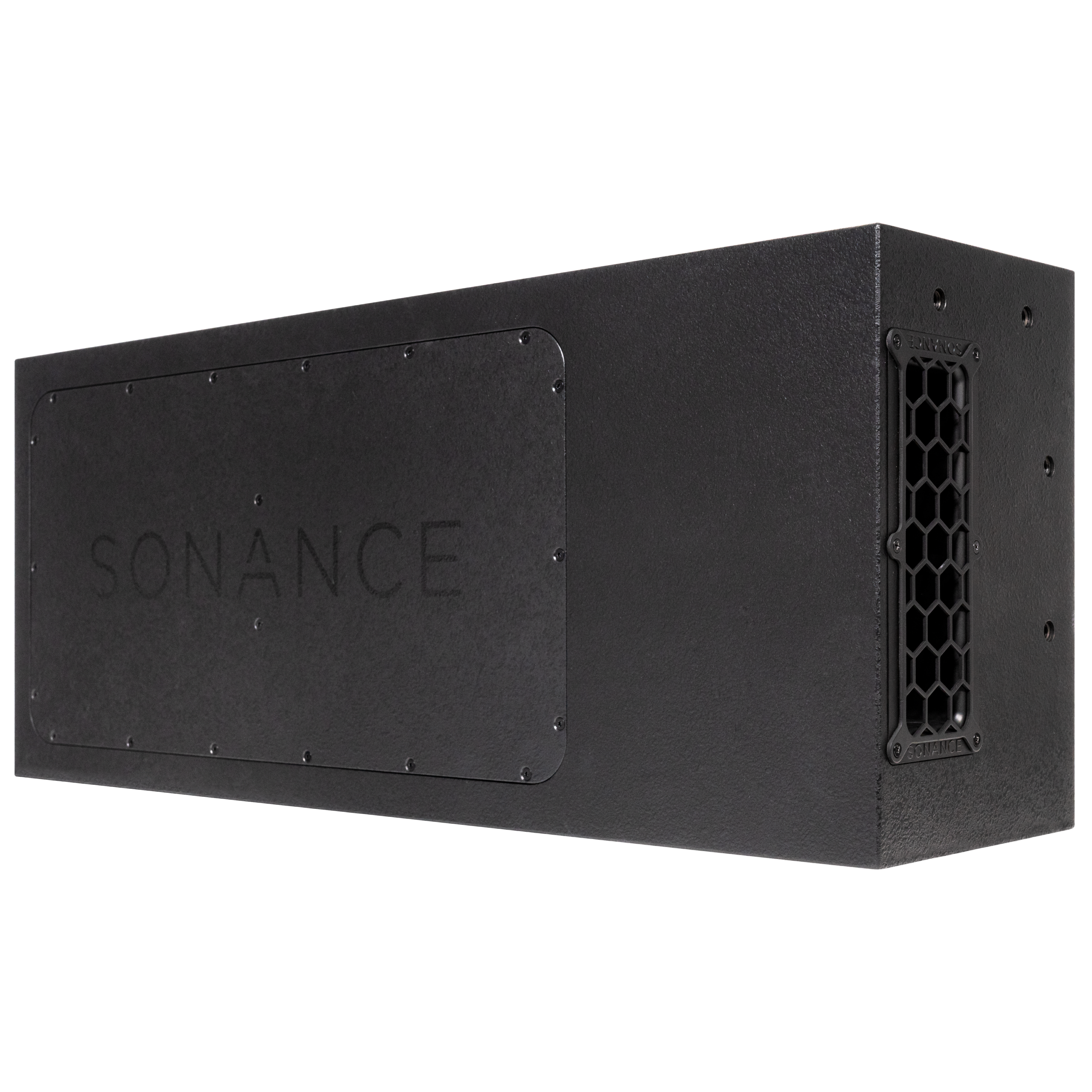 Subwoofer Sonance PS-S210SUBT preto, gabinete retangular raso visto em ângulo com a grelha instalada.
