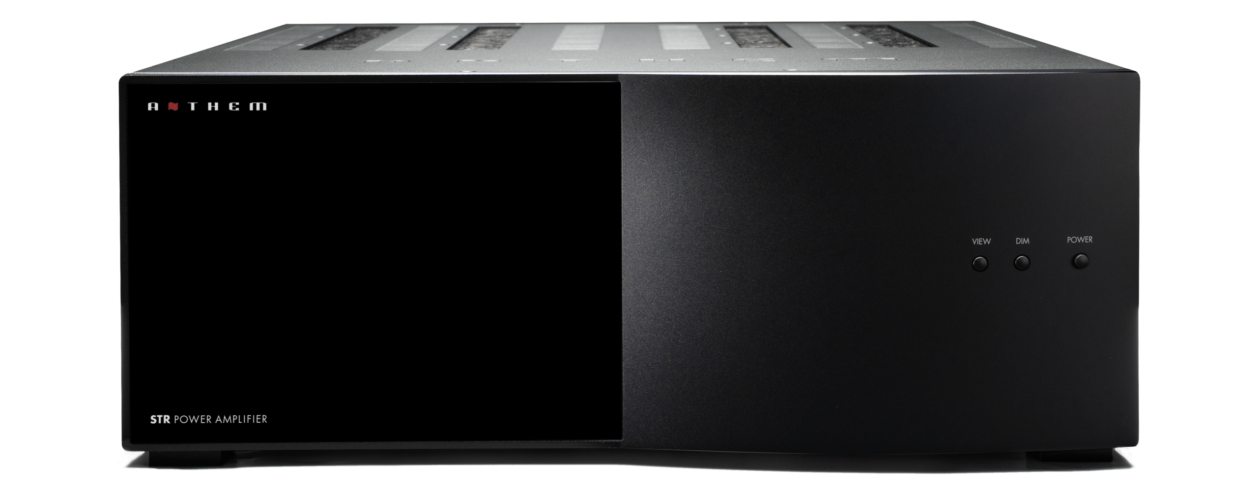 Frente do amplificador Anthem STR Amplifier no acabamento preto, com display gráfico à esquerda e botões VIEW, DIM e POWER.