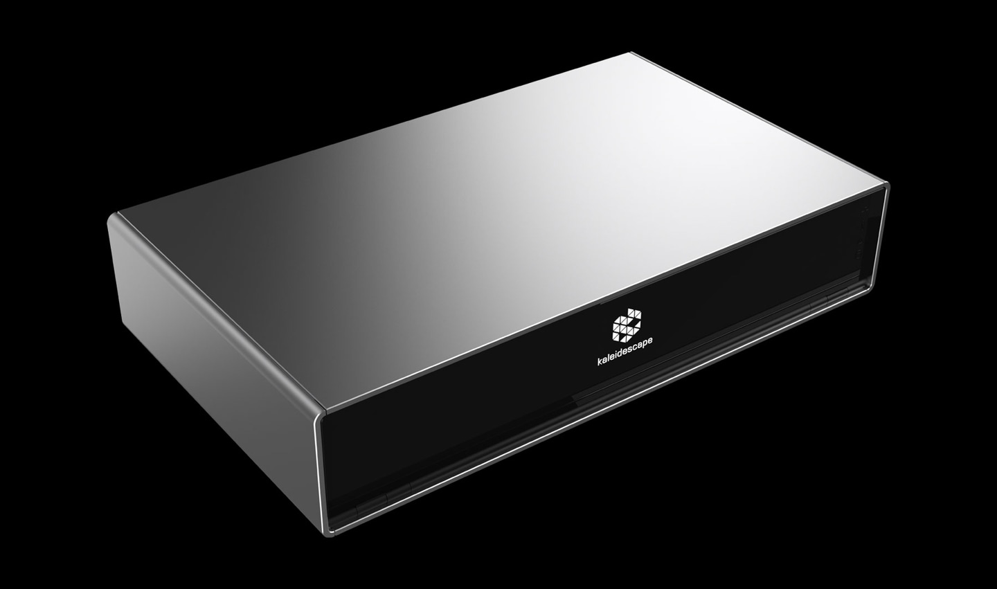 Servidor Kaleidescape Terra Prime HDD, chassi prateado de baixo perfil com faixa frontal preta, visto em três quartos