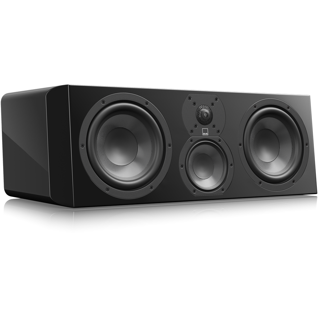 Caixa central SVS Ultra Evolution Center em Piano Gloss Black, sem grade, com dois woofers, médio e tweeter.
