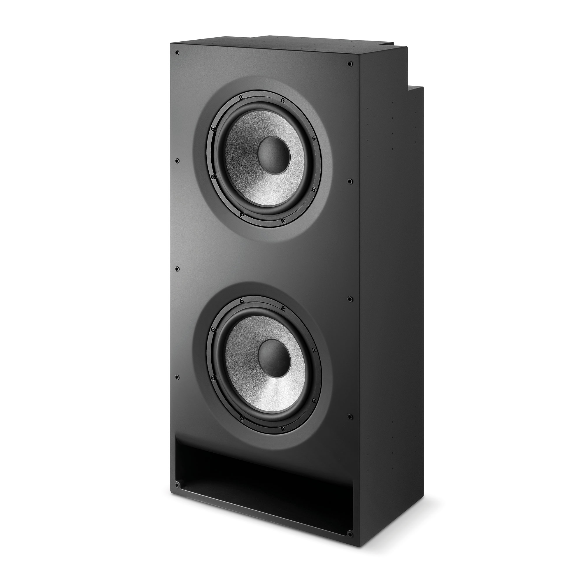 Focal Utopia Cinema SUB sem a grelha: dois graves de 13 polegadas com cone W e duto retangular na base.